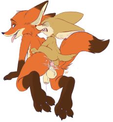 anal anal_sex anthro bodily_fluids canid canine clenched_teeth closed_eyes cum cum_in_ass cum_inside dipstick_limbs dipstick_tail disney dripping duo fennec finnick fox fur genital_fluids genitals half-erect hi_res male male/male mammal markings nick_wilde orange_body orange_fur penetration penis precum precum_drip precum_while_penetrated size_difference tail tail_markings tbid teeth tongue tongue_out zootopia