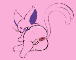 anus ass digital_drawing_(artwork) digital_media_(artwork) dustyspaghetti eeveelution espeon female feral generation_2_pokemon genitals looking_back lying nintendo on_side pink_background pink_body pokemon pokemon_(species) pokemon_only purple_eyes pussy raised_tail simple_background solo tail