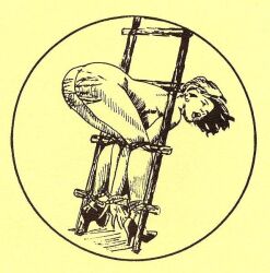 1female artist_request bent_over bondage female_solo high_heels ladder naked_female simple_background vintage whip_marks wrists_tied_to_ankles