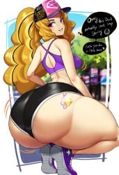 1girls adagio_dazzle ass big_ass breasts cigusa dialogue english_text equestria_girls female female_only friendship_is_magic hasbro hat huge_ass large_ass my_little_pony orange_hair shoes shorts solo solo_female speech_bubble squatting tattoo teasing text thick_ass thick_thighs thunder_thighs twerking wide_hips