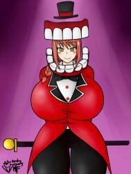 big_breasts big_thighs black_pants blush bow_tie breasts caine_(the_amazing_digital_circus) chainsaw_man cosplay female female_only gooseworx huge_breasts huge_thighs kegispringfield looking_at_viewer magician magician_hat makima_(chainsaw_man) red_clothing red_hair tagme the_amazing_digital_circus thick_thighs tuxedo yellow_eyes