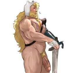 1boy abs absurdres adventure_time aged_up bakku_(bakkunsfw) bakkunsfw bara beard blonde_hair chest_hair chest_tattoo facial_hair feet_out_of_frame finn_the_human flaccid from_side girthy_penis highres large_pectorals large_penis long_beard long_hair long_hair_male looking_ahead male_focus male_only male_pubic_hair mature_male mechanical_arms muscular muscular_male navel nipples nude pecs pectorals penis planted planted_sword profile pubic_hair short_hair single_mechanical_arm solo solo_male standing sword tattoo thick_eyebrows thick_mustache thick_thighs thighs very_long_hair weapon