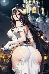 ai_generated aig1587 albedo_(overlord) big_ass big_breasts big_butt big_thighs black_hair castle cute_face demon gloves horns long_hair night overlord_(maruyama) smile succubus succubus_horns tight_clothing tight_dress white_clothing white_dress white_gloves yellow_eyes