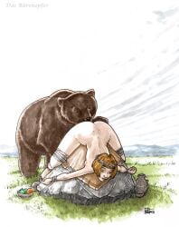 1female 2003 bear bondage brown_bear brown_hair cloth flower_crown flowers_in_hair fruit_bowl jar legs_tied_open naked_female offering red_hair rock sacrifice sacrificial_altar smelling_pussy the_veterinarian wrists_tied zoophilia