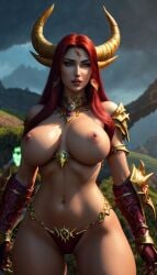 ai_generated alexstrasza blizzard_entertainment fantasy horns large_breasts long_hair red_hair solo topless topless_armor topless_female video_game video_games warcraft world_of_warcraft wow ziggy25