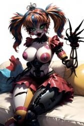 ai_generated animatronic animatronic_female animatronic_girl breasts_out clawed_fingers clown_girl five_nights_at_freddy's green_eyes haunted looking_at_viewer pixai possessed red_skirt robot scrap_baby scrap_baby_(fnaf) short_skirt sitting_on_sofa skirt twintails ultimate_custom_night