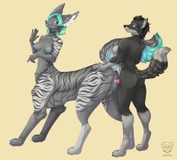 anthro anthro_on_taur anthro_penetrating anthro_penetrating_taur aqua_(swartzfox) ass blue_eyes blue_nipples bodily_fluids breasts canid canine canis digital_media_(artwork) duo female female/female fox fur genital_fluids genitals grey_body grey_fur hair hi_res intersex intersex/female intersex_penetrating kotezio mammal mammal_taur nipples nude open_mouth penetration penis pussy sex smile striped_body stripes tail taur taur_penetrated vaginal_penetration vaginal_penetration wolf