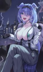 black_gloves black_hairband blue_hair breasts cleavage dotthebot elira_pendora elira_pendora_(4th_costume) eyes_visible_through_hair female gloves hair_ornament hair_over_one_eye hairband hairclip head_wings highres large_breasts looking_at_viewer medium_hair nijisanji nijisanji_en open_mouth shirt solo virtual_youtuber white_shirt wings