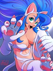 1girls blue_hair breasts capcom cat_ears cat_paws catgirl darkstalkers fangs felicia_(darkstalkers) female female_only green_eyes hi_res long_hair looking_at_viewer medium_breasts michellehemora open_mouth pawpads sharp_fingernails sharp_toenails slit_pupils smiling smiling_at_viewer solo
