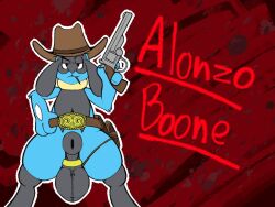 belt big_balls casual cowboy firearm game_freak gun handgun headwear holster male mostly_nude nintendo pokemon pokemon_only revolver riolu sheath snowcario_(artist) tactical_nudity tagme weapon