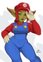 1girls absurd_res blue_eyes cosplay female female_only goblin goblin_female gobtober gobtober_2023 green_skin hand_on_hip hat humanoid looking_at_viewer maewix1 mario_(cosplay) mario_(series) nintendo nose_piercing nose_ring overalls piercing pointy_ears red_eyebrows red_hair smiling smiling_at_viewer solo thick_thighs wide_hips