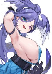 absurdres arm_behind_head armpits bare_shoulders belt blue_eyes breasts covered_nipples dragon_girl dragon_tail dress dress_tug female from_side gloves head_wings heterochromia highres huge_breasts long_hair looking_at_viewer multicolored_eyes nijisanji nijisanji_en no_bra noor7 oerba_yun_fang official_alternate_costume open_mouth pink_eyes ponytail purple_eyes purple_hair selen_tatsuki selen_tatsuki_(2nd_costume) sideboob skin_fang sleeveless sleeveless_dress solo tail underboob upper_body virtual_youtuber wings