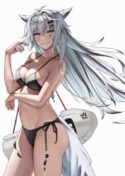 1girls animal_ear_fluff animal_ears arknights bare_legs bare_shoulders belly belly_button big_breasts bikini blush busty cleavage collarbone female female_only fluffy_ears fluffy_tail grey_eyes grey_hair grin hair_between_eyes hairclip happy huge_breasts lappland_(arknights) large_breasts light-skinned_female light_skin long_hair looking_at_viewer midriff navel open_mouth open_smile oripathy_lesion_(arknights) playing_with_hair scar scar_across_eye seductive seductive_gaze seductive_look seductive_pose seductive_smile sharp_teeth silver_eyes silver_hair simple_background smile solo solo_female stomach swimsuit tail teeth_showing very_long_hair waist wasp_waist white_background wolf_ears wolf_girl wolf_tail