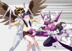 1boy 2girls 2girls1boy armour attack ballbusting ballbusting_orgasm big_breasts bird_girl bird_wings black_hair black_thighhighs blue_eyes bodysuit breasts brown_hair brown_shorts brown_text bulge cbt cock_and_ball_torture covered_eye crossed_legs dress eagle eyes_covered female genderbent genderswap_(ftm) genderswap_(mtf) gloves grabbing_arm grabbing_arms grey_background grey_bodysuit hawk hitting_balls hitting_testicles holding_arm holding_arms holding_object holding_weapon japanese_text kamen_rider kamen_rider_gotchard_(series) legs_crossed long_hair male male_symbol mask movement_lines open_mouth otokam1117 pain purple_bodysuit rinne_kudo rule_63 running screaming_in_pain shocked shocked_expression short_hair short_male shorter_male shorts simple_background supana_kurogane surprised sword talons thighhighs weapon white_dress white_hair wings yellow_eyes