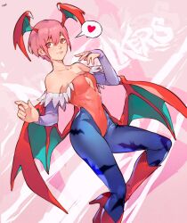 1girls 2023 bat_print blue_pantyhose capcom cesar_art456 clothing darkstalkers female female_only flat_chest gauntlets head_wings heart heel_boots hi_res leotard lilith_aensland looking_at_viewer pantyhose pink_eyes pink_hair smiling smiling_at_viewer solo spoken_heart succubus succubus_wings wings