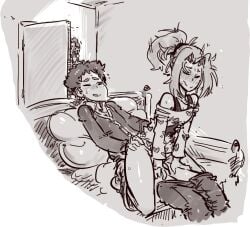 blush blush_lines caught caught_in_the_act couple cowgirl_position digimon digimon_adventure_tri. discovered grabbing_ass human in_the_darkness kae_izumi koushiro_izumi long_hair looking_at_another mimi_tachikawa monochrome mother mother_and_son on_couch pants_down ponytail sex short_hair son sweat tenkarts thetenk walked_in_on