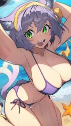 armpits arms_up athletic beach bikini cat_ears cat_tail catgirl excited green_eyes hairband happy huge_breasts lhata4564 purple_hair sandals signature slender_waist smile starfish swimsuit teeth thighs wet