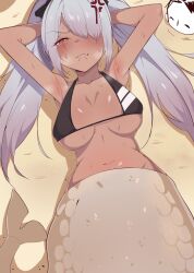 anger_vein angry armpits arms_up arona's_sensei_doodle_(blue_archive) artist_request biting_lip biting_own_lip blue_archive blush furious gehenna_academy_student iori_(blue_archive) iori_(swimsuit)_(blue_archive) large_breasts mermaid_tail prefect_team_(blue_archive) sand_sculpture sweaty sweaty_armpits sweaty_body tagme_(artist)