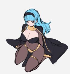 1girls alternate_costume alternate_hairstyle bangs blue_hair bodystocking breasts brown_eyes cape cleavage cosplay covered_navel female female_only fire_emblem fire_emblem:_three_houses fire_emblem_awakening fire_emblem_warriors:_three_hopes from_above hairband hourglass_figure jaxartdump kneeling large_breasts legs light_blue_hair long_hair looking_at_viewer looking_up marianne_von_edmund nintendo official_alternate_hairstyle pelvic_curtain smile solo tharja_(fire_emblem)_(cosplay) white_background wide_hips