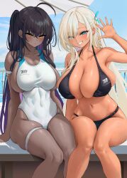 2girls alternate_version_available asuna_(blue_archive) b-pang bikini black_hair blonde_hair blue_archive blue_eyes breasts brown_skin chocolate_and_vanilla cleaning_&_clearing_(blue_archive) cleavage competition_swimsuit dark-skinned_female dark_skin female hair_over_one_eye halo hi_res highleg_swimsuit huge_breasts karin_(blue_archive) light-skinned_female light_skin long_hair millennium_science_school_logo_(blue_archive) millennium_science_school_student one-piece_swimsuit outdoors smile swimsuit tan tan-skinned_female tanned_skin yellow_eyes