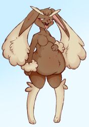 anthro belly bodily_fluids breasts brown_body brown_fur buckteeth ear_tuft eyebrows female female_pred fur generation_4_pokemon lagomorph leg_tuft leporid long_ears lopunny mammal nintendo pokemon pokemon_(species) querkii_cat143 red_eyes saliva tan_body tan_fur teeth tongue tongue_out tuft vore