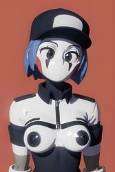 ai_generated black_cap black_eyes black_hat blue_hair breasts cap collared_shirt female female_only five_nights_at_freddy's five_nights_at_freddy's:_security_breach hat nipples pixai red_cheeks robot_girl robot_humanoid solo staff_bot_(security_breach) staffbot stuffbot stuffbot(nightbotgrey) zipper