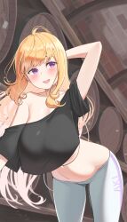 1girls aki_rosenthal artist_signature belly_button blonde_hair blush breasts clothed clothing female female_only hololive hololive_gen_1 hololive_japan huge_breasts indoors light-skinned_female light_skin no_bra purple_eyes solo tasty_(haelihaeli5) virtual_youtuber