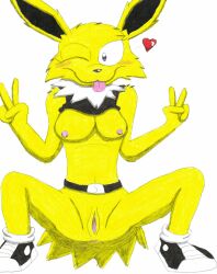 2023 anthro anthrofied anus ass belt blush bottomless breasts clothed clothing clothing_lift colored_pencil_(artwork) crouching eeveelution exposed_breasts female female_focus footwear full-length_portrait fur generation_1_pokemon genitals gesture graphite_(artwork) heart heart_wink hi_res jolteon looking_at_viewer mammal mostly_nude nintendo nipples nude pencil_(artwork) pokemon pokemon_(species) pokemorph portrait pose presenting presenting_anus presenting_crotch presenting_pussy pussy raised_clothing raised_shirt raised_topwear shaded shirt shirt_lift shoes simple_background smile solo solo_focus spread_legs spreading squat_position squatting_pose tongue topwear topwear_lift traditional_media_(artwork) ultimatepokemorphs v_sign yellow_body yellow_fur