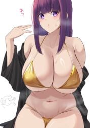 blush cameltoe chibi chubby closed_eyes fanning_self female female_only fern_(sousou_no_frieren) frieren gigantic_breasts gold_bikini heavy_breathing huge_breasts nanohana_(november.) navel off_shoulder scribble smile sousou_no_frieren sweatdrop sweaty