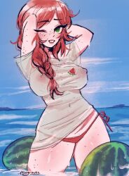 green_eyes megrocks one_eye_closed red_hair see-through_clothing tagme watermelon wet_clothes