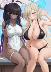 2girls alternate_version_available asuna_(blue_archive) b-pang bikini black_hair blonde_hair blue_archive blue_eyes breasts brown_skin chocolate_and_vanilla cleaning_&_clearing_(blue_archive) cleavage competition_swimsuit dark-skinned_female dark_skin female hair_over_one_eye halo hi_res highleg_swimsuit huge_breasts karin_(blue_archive) light-skinned_female light_skin long_hair looking_at_viewer millennium_science_school_logo_(blue_archive) millennium_science_school_student one-piece_swimsuit outdoors smile swimsuit waving_at_viewer yellow_eyes