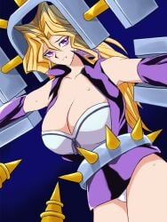 blonde_hair breasts cleavage electricity electrodes electrostimulation kujaku_mai large_breasts leather leather_jacket leather_skirt long_hair mai_valentine milkcarton_man purple_eyes purple_skirt restrained scared shiny_clothes thick_thighs thighs torture white_panties yu-gi-oh! yu-gi-oh!_duel_monsters