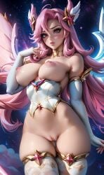 1girls ai_generated big_breasts breasts female female_only huge_breasts huge_thighs kai'sa league_of_legends long_hair lux_paladin medium_breasts nipples nude pink_hair riot_games sagging_breasts skinny star_guardian_kai'sa star_guardian_series white_clothing wings