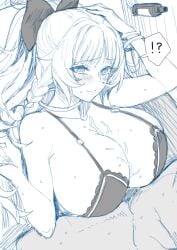 !? 1boy 1girls absurdres azur_lane bikini blush breasts cleavage cum cum_on_body cum_on_breasts female hands-free_paizuri highres hoosaku large_breasts monochrome paizuri spoken_interrobang swimsuit tagme vittorio_veneto_(azur_lane) whooosaku whoosaku