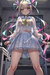 ai_generated ass_peek asscheeks blue_eyes chouzetsusaikawa_tenshi-chan clothing hair_ornament hairbow medium_breasts needy_girl_overdose needy_streamer_overload pink_nipples revealing_clothes skirt spread_legs translucent_clothing translucent_shirt transparent_clothing