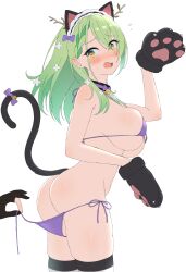 absurdres animal_ears animal_hands antlers ass bell bikini blush breasts butt_crack cat_ears cat_paws cat_tail ceres_fauna collar embarrassed fake_animal_ears female flower flying_sweatdrops green_hair hair_flower hair_ornament hair_ribbon highres hololive hololive_english hololive_english_-council- hololive_english_-promise- jingle_bell large_breasts long_hair looking_back maid_headdress mole mole_under_eye norigure18 open_mouth panties paw_gloves paws ribbon side-tie_bikini_bottom simple_background skindentation solo sweat swimsuit tail tail_ornament tail_ribbon thighhighs underwear virtual_youtuber white_background yellow_eyes