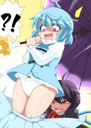 !? 2girls :3 ahoge assisted_exposure black_dress black_hair blue_eyes blue_hair blue_skirt blue_vest blue_wings blush bow bow_panties bowtie breasts bright_pupils cameltoe commentary_request dress feet_out_of_frame geta hayashitsu heterochromia highres holding holding_umbrella houjuu_nue juliet_sleeves kogasa_tatara long_sleeves medium_breasts multiple_girls nose_blush nue_houjuu oerba_yun_fang open_mouth panties pantsing puffy_sleeves purple_umbrella red_bow red_bowtie red_eyes shiny_skin shirt short_hair skirt surprised tatara_kogasa tongue tongue_out touhou umbrella underwear v-shaped_eyebrows vest white_panties white_pupils white_shirt wings