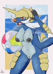 4_fingers anthro anthrofied ball beach beach_ball big_breasts black_nipples blue_body blue_pussy blue_skin blue_sky border breasts clitoris cloud dabid dated facial_hair fangs female fingers front_view generation_5_pokemon genitals gesture hair hi_res holding_beach_ball horn inflatable inverted_nipples nintendo nipples nude open_mouth orange_eyes orange_nose outline pink_clitoris pink_pussy pink_tongue pokémon_(species) pokemon pokemon_(species) portrait pupils pussy samurott sea seaside shell signature sky slit_pupils solo tail tan_shell teeth three-quarter_portrait tongue translucent_beach_ball two_tone_pussy water waving wet white_border white_hair white_outline