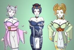 3girls alerith alternate_hairstyle black_clover black_hair brainwashing breasts cleavage eyeshadow female_only femsub flower geisha geisha_hair geishafication hypnosis kimono large_breasts lipstick makeup mimosa_vermillion mind_control multiple_girls multiple_subs noelle_silva oiran orange_hair pink_eyes post_transformation red_eyes secre_swallowtail shimada_hairstyle short_hair simple_background spiral_eyes symbol_in_eyes transformation white_hair white_skin yellow_eyes