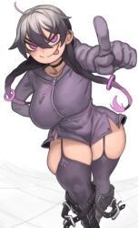 1girls :p ahoge black_hair breasts choker clothed female garter_straps gloves hi_res highlights hoodie huge_breasts kelvin_hiu long_hair original original_character pointing pointing_at_viewer purple_eyes purple_hair skindentation thick_thighs thighhighs thighs twin_braids twintails violet_(kelvin_hiu) wide_hips