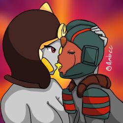 2girls ambeethebee borrowed_character breasts brown_hair cheating_wife chromexorannex cleavage closed_eyes cute duo_female duo_focus female female/female girl girly gradient_background green_helmet grey_body grey_skin head_grab helmet high_times kissing lesbian_kiss lips lipstick making_out mouth oc open_mouth original_character red_eyes scrapdash self_upload ship simple_background transformers yuri