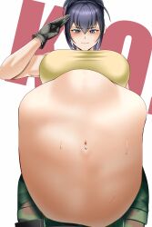 1girls after_vore big_belly big_breasts blue_hair blush dark_hair english_text fingerless_gloves implied_vore keze king_of_fighters kuzumochi800 leona_heidern looking_down midriff military_pants military_uniform muscles navel pants ponytail post_vore snk solo stomach_bulge sweat tight_clothing unknown_character unseen_character vore vore_belly wide_hips