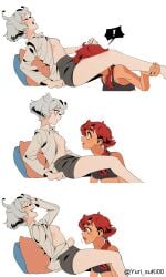 2girls absurdres awkward blood blood_on_face blood_on_mouth breasts canon_couple cunnilingus cute female female/female grey_hair gundam gundam_suisei_no_majo hair_over_shoulder head_back highres laughing licking_lips licking_own_lips married_couple menophilia menstrual_blood menstruation miorine_rembran multiple_girls open_clothes open_shirt oral period_blood ponytail red_hair short_hair simple_background skirt sports_bra suletta_mercury tongue tongue_out wedding_ring wholesome wife_and_wife yuri yurisuki00