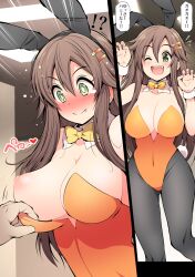 assisted_exposure big_breasts blush boob breast breasts brown_hair brunette_hair bunny_ears bunny_girl bunnysuit cleavage embarrassed exposed_breast green_eyes large_breasts nipple orange_bunnysuit serebi_ryousangata tit