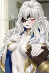 1boy 1girls alternate_costume bare_midriff black_lips black_lipstick black_nails blush breasts coat commission cosplay embarrassed embla_(fire_emblem) eye_patch female female_focus fire_emblem fire_emblem_heroes gloves grey_hair hand_on_own_chest hetero highres holding_hands igni_tion indoors kiran_(fire_emblem) kiran_(fire_emblem)_(cosplay) kiran_(male)_(fire_emblem) lace-trimmed_eyepatch lipstick long_hair looking_at_viewer medium_breasts midriff nail_polish naked_coat navel nintendo pointy_ears pov red_eyes smile solo_focus vampire white_hair