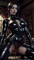 1boy 1girls ada_wong ai_generated black_hair blue_eyes breasts female female_focus female_only imminent_oral male marvel marvel_comics monster navel nipples_visible_through_clothing open_mouth oral ponytail pussy realistic resident_evil solo solo_female stable_diffusion symbiote tongue venom venom_(marvel)