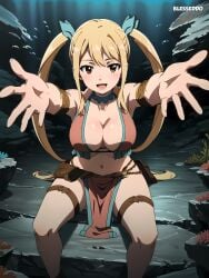 ai_generated belly_dancer belly_dancer_outfit blesseddo blonde_hair blush brown_eyes dancer dancer_outfit fairy_tail hands_up harem_girl harem_outfit kneeling_down lucy_heartfilia open_mouth ponytails