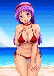 1girls athena_asamiya beach big_breasts bikini blush busty cleavage covered_erect_nipples covered_nipples cum cum_in_mouth cum_on_breasts erect_nipples_under_clothes facial hairbow hand_on_leg hand_on_own_chest hand_on_own_leg hand_on_own_thigh hand_on_thigh king_of_fighters large_breasts leaning_forward legs looking_at_viewer looking_pleasured ocean pleasure_face pleasured pose posing purple_eyes purple_hair red_bikini smile snk solo sweat thighs tsumitani_daisuke voluptuous water