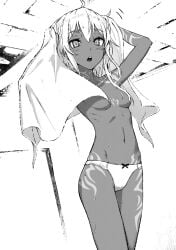 3/4_view blushing_at_viewer boushoku_no_berserk dark-skinned_female drying_hair low-angle_view monochrome myne_(berserk_of_gluttony) novel_illustration official_art panties ribbon_panties tattoo_on_chest tattoo_on_thigh tattoos topless towel towel_on_head towel_over_breasts wet_body wet_hair white_panties