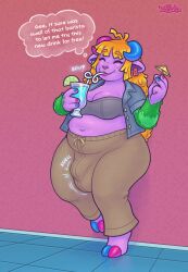 absurd_res animate_inanimate anthro barefoot belly bendy_straw big_belly big_breasts bra breasts bulge cleavage closed_eyes clothed clothing colored_hooves colored_nails cum_inducing_juice dialogue drinking ear_piercing ear_ring feet food fruit futanari genital_growth green_arms growth gynomorph hair hi_res hooves horn intersex jacket juice_that_makes_you_cum keffotin lime living_pinata nails navel open_clothing open_jacket open_topwear orange_hair penis_growth piercing pinata plant purple_body purple_skin ring_piercing sipping smile solo straw sweatpants swelling text thought_bubble topwear umbrella_drink una_(raybofeet) underwear